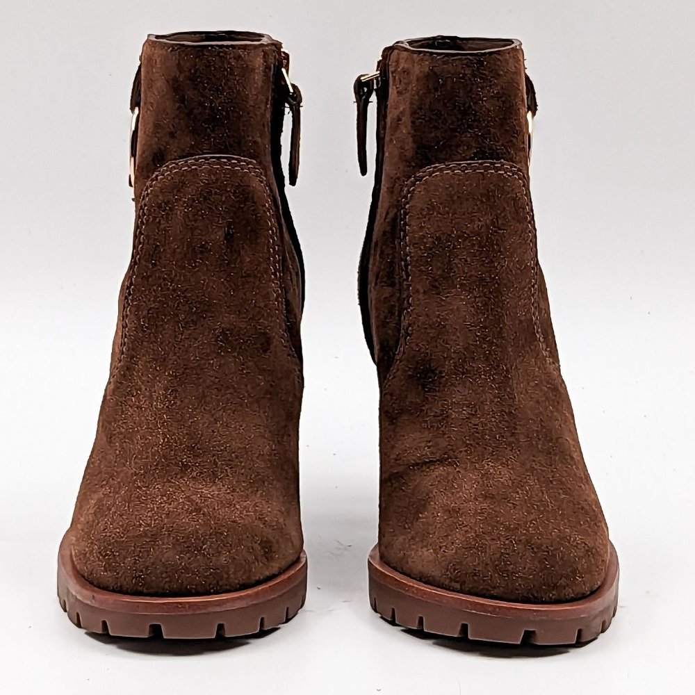 Tory Burch Women Sofia 85 Lug Sole T Logo Heeled Brown Suede Boots size 5 - Picture 2 of 11